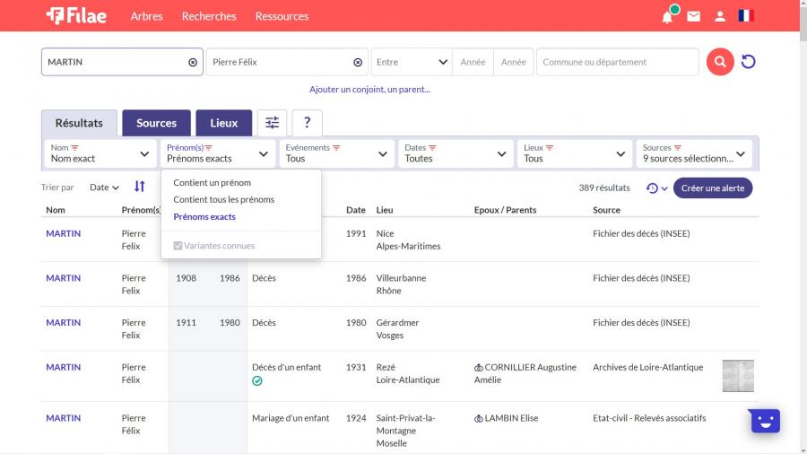 Filtre prénoms Filae