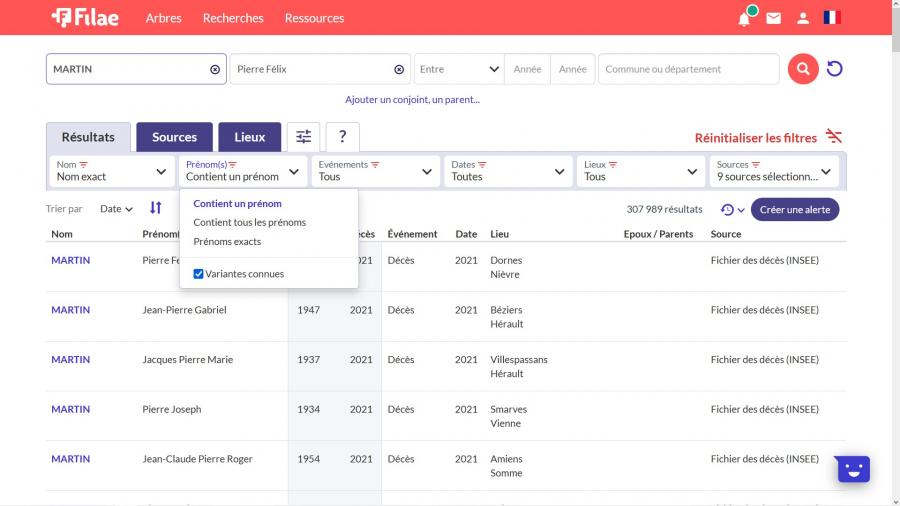 Filtre prénoms Filae